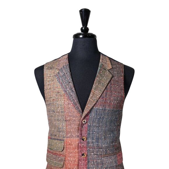 Mens Plaid Vest 42R Multicolor Patchwork Wool Waistcoat Formal Wedding Party - Picture 4 of 10